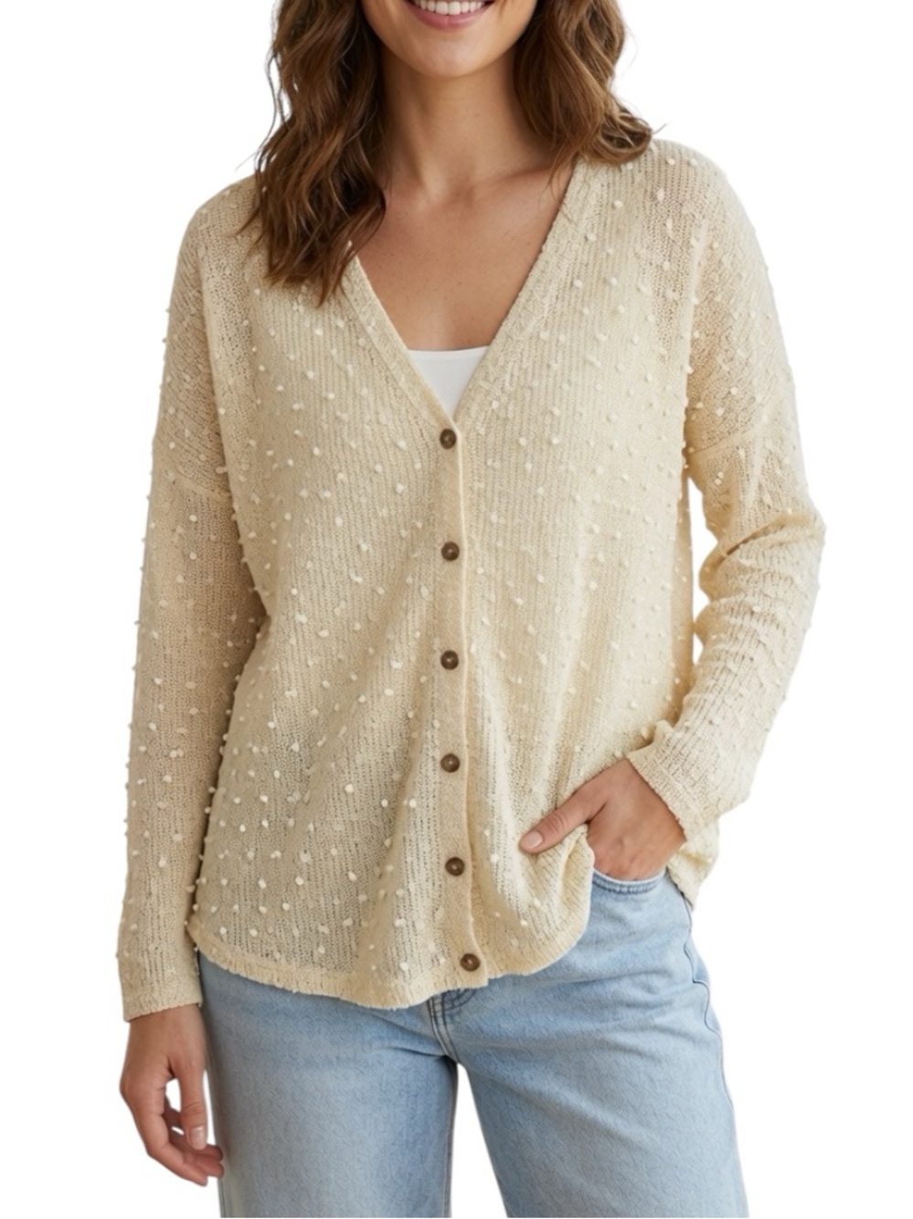 RACHEAL: Cream / Light Yellow Raised Polka Dot Button-Up Cardigan -Size Small